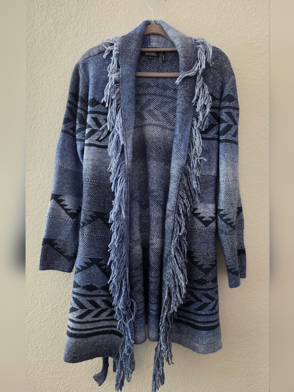 Badgley Mischka Blue Fringe Aztec Open-Front Cardigan